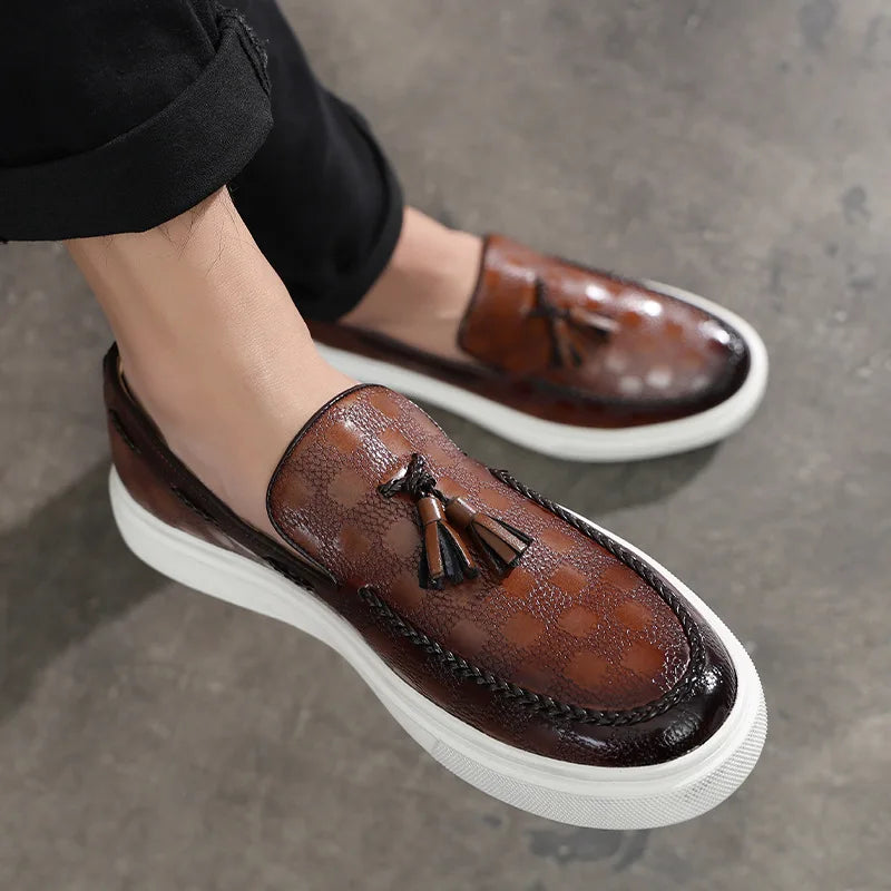 Harlan - Men’s Leather Loafers – Tasselled Slip-On – Textured Design – Chunky Rubber Sole