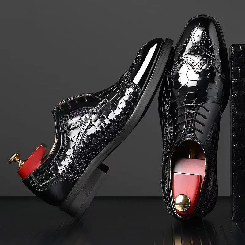 Wicklow | Men's Crocodile Pattern Leather Oxford Shoes - Formal Brogue Dress Footwear