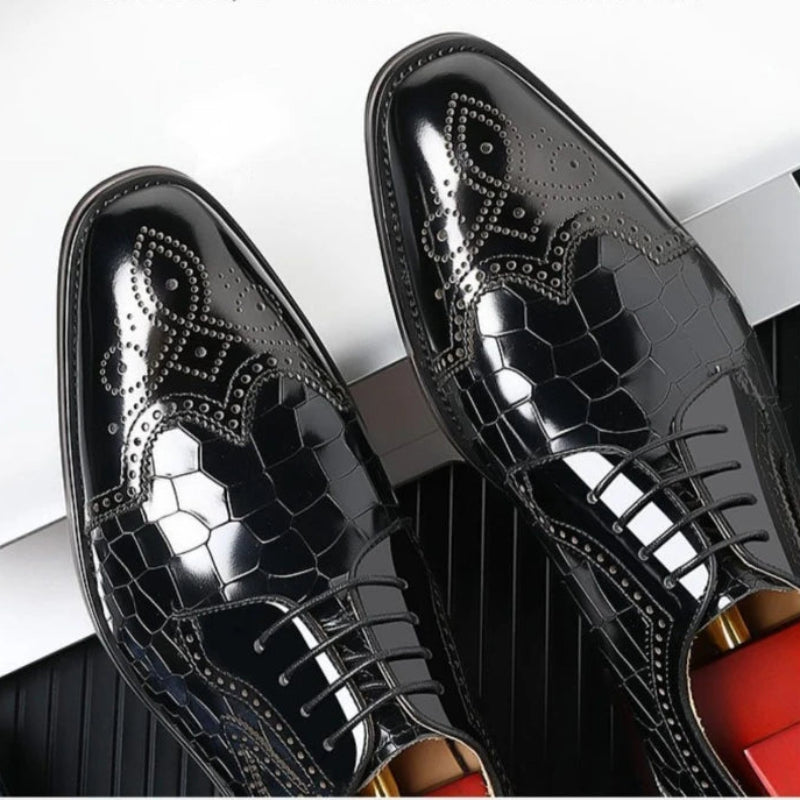 Wicklow | Men's Crocodile Pattern Leather Oxford Shoes - Formal Brogue Dress Footwear