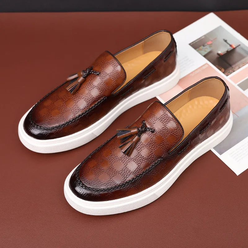 Harlan - Men’s Leather Loafers – Tasselled Slip-On – Textured Design – Chunky Rubber Sole