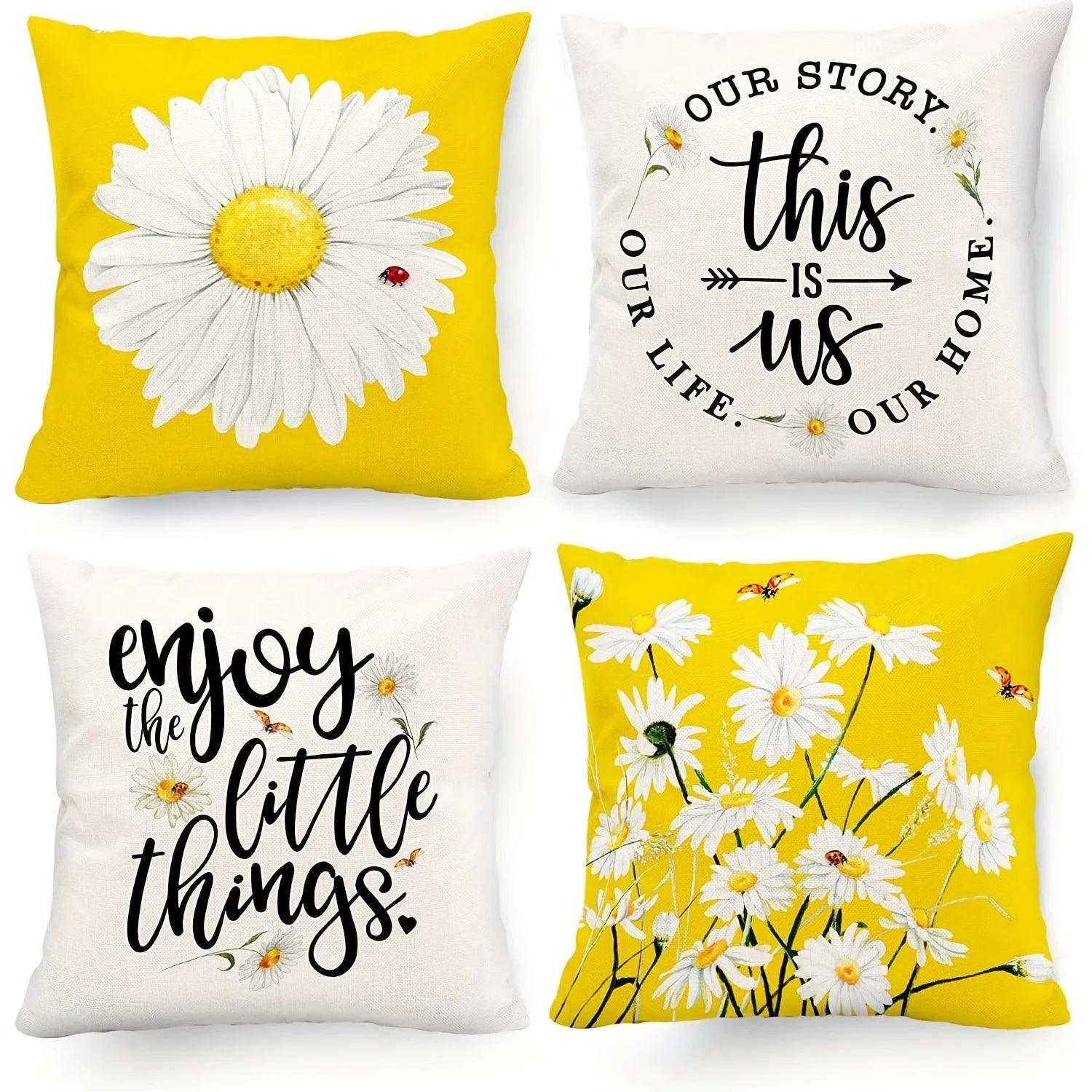 Set of 4 Charming Daisy Floral Pillow Covers - Maxavendi