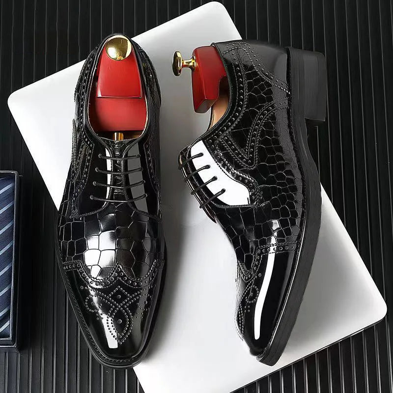Wicklow | Men's Crocodile Pattern Leather Oxford Shoes - Formal Brogue Dress Footwear