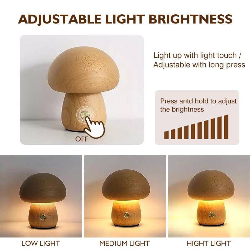 Enchanting Wooden Mushroom Night Light with Touch Control - Maxavendi